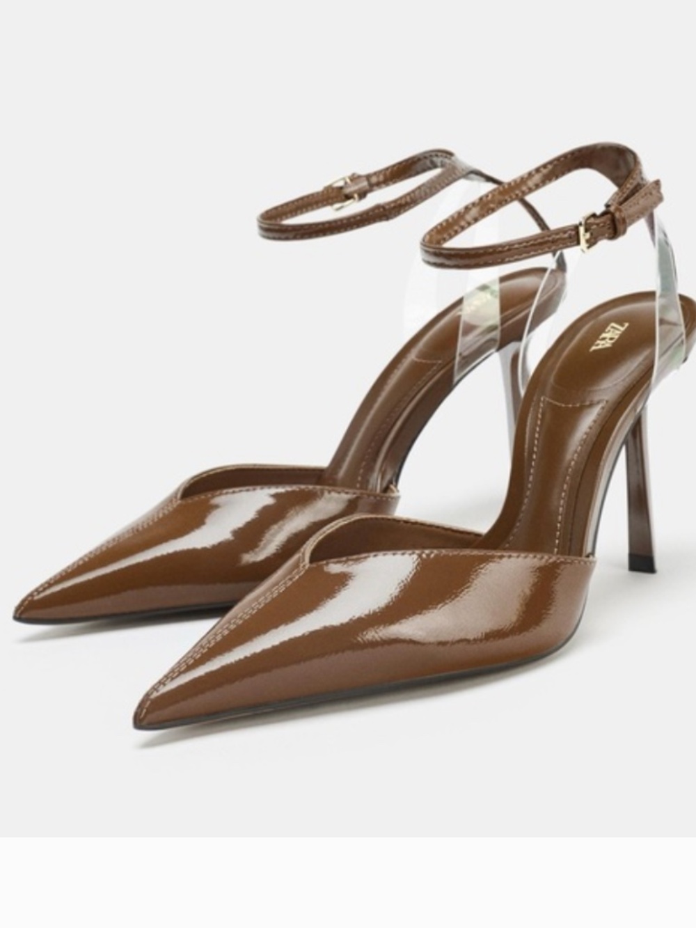 Zara Brown Patent Pointed-Toe Ankle-Strap Stilettos